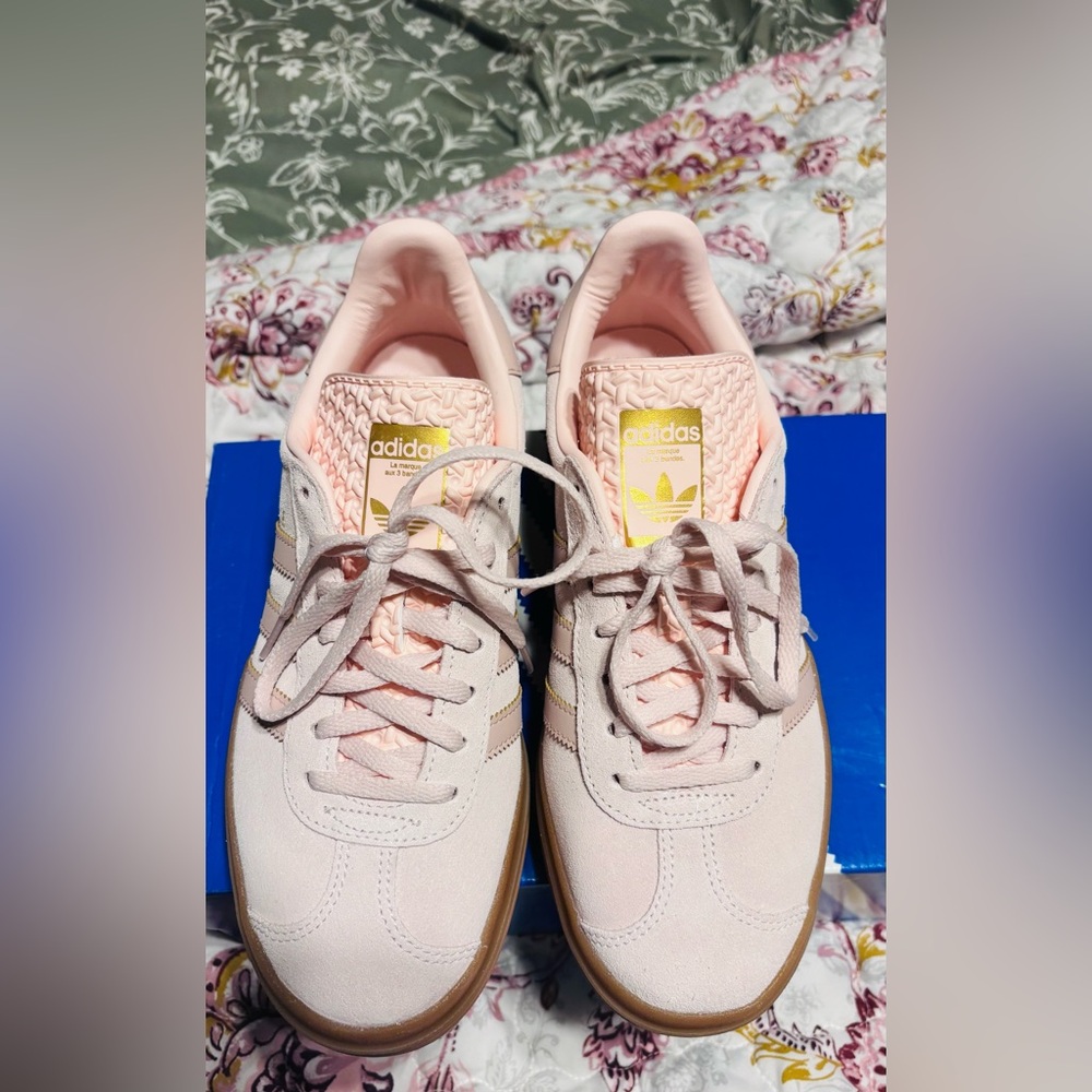 adidas big kids Light Pink Suede Sneakers with Gold Logo